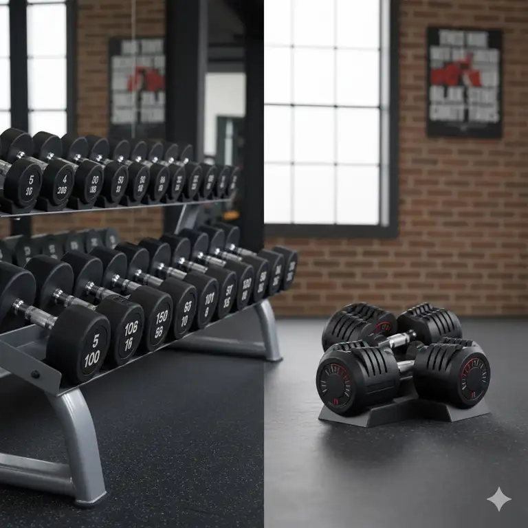 Side-by-side comparison of a full set of fixed dumbbells and a space-saving pair of adjustable dumbbells, illustrating the main differences in their size and quantity for a gym setup.fixed dumbbells vs adjustable dumbbells