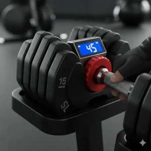Close-up view of a high-quality adjustable dumbbell mechanism showing the weight selection dial and plates.