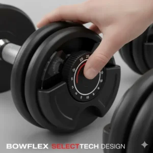 Close-up of the dial mechanism on Bowflex dumbbells vs PowerBlock illustrating how Bowflex weight adjustments are made.