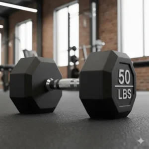 Close-up of a rubber hex fixed dumbbell showing the solid, one-piece construction and comfortable handle grip.