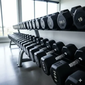 A large, multi-tiered rack holding a full set of fixed dumbbells, emphasizing the significant space required.