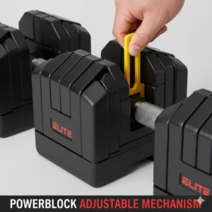Detailed view of the U-shaped selector pin and nesting weight plates of Bowflex dumbbells vs PowerBlock, showcasing PowerBlock's mechanism.
