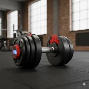 Detailed image of a plate-adjustable dumbbell with the locking mechanism clearly visible, emphasizing the quick weight change feature.