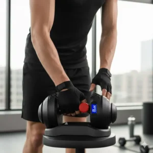 A person smoothly and easily adjusting the weight on their new adjustable dumbbells during a workout.