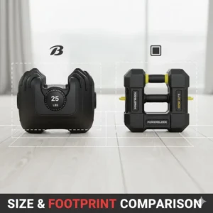 Comparing the physical size and footprint of Bowflex dumbbells vs PowerBlock weights at an equal setting.