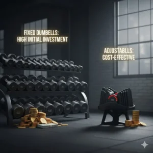Visual representation of a large investment required for a complete set of fixed dumbbells compared to the initial cost of an adjustable set.