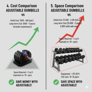 A graphic illustrating the initial investment and long-term cost savings of adjustable dumbbells vs fixed sets.