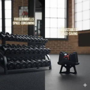 Picture showing how a single pair of adjustable dumbbells can replace a large, space-consuming rack of fixed dumbbells in a home gym.