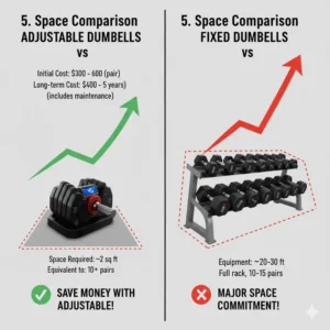 An infographic visually comparing the small footprint of a set of adjustable dumbbells to the large area needed for an equivalent range of fixed weights.