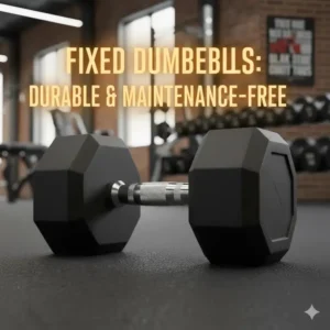 Image of fixed dumbbells being durable and maintenance-free, perhaps on a rack with no visible moving parts.