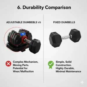 Image contrasting the solid, simple construction of a fixed dumbbell with the moving parts of an adjustable model, prompting a durability discussion.