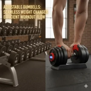 Hands quickly adjusting the weight settings on an adjustable dumbbell during a workout to show efficient transition between exercises.