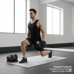 A home gym setup featuring compact, adjustable dumbbells, perfect for various workouts and demonstrating their suitability for small spaces.