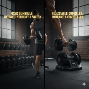 A fixed dumbbell being lifted during an exercise, highlighting its simple design for maximum stability and safety during heavy lifting.