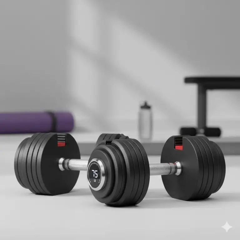 75 lb adjustable dumbbells set with the weight selection dial visible for home gym users.