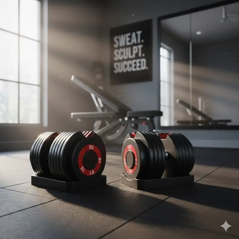 A pair of adjustable dumbbells 50 100 pair in a home gym setting.