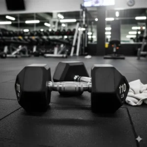 A close-up shot of a pair of hexagonal-style 110lb dumbells resting on a gym floor, ready for a workout.