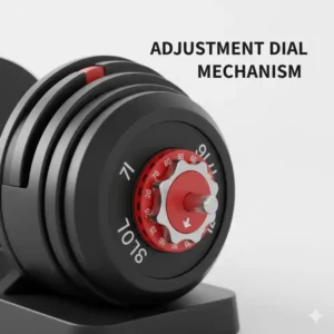 Close-up view of the easy-to-read adjustment dial on the 90 lb adjustable dumbbell set.