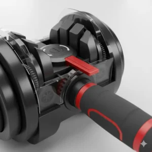 Detailed view of the locking mechanism on the 75 lb adjustable dumbbells, showing how the weight plates connect.