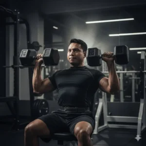 Athlete performing a heavy dumbbell bench press using 110 lbs dumbbells to target chest and triceps.