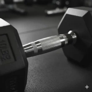 A close-up view of the knurling and handle texture on a heavy 110 lb dumbbell for secure grip during deadlifts or rows.