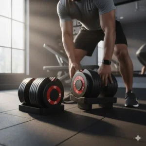 Person quickly adjusting the weight dial on the adjustable dumbbells 50 lb.