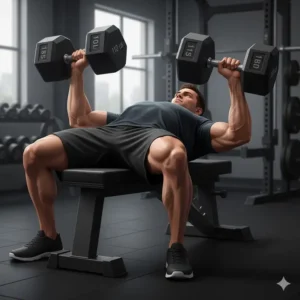 Man performing a flat bench press using a pair of 110 lb dumbbells to build chest and tricep strength.