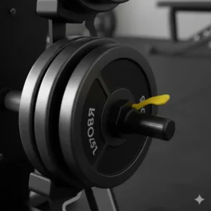 Close-up of the hammer strength powerblock weight selector pin mechanism, used to easily adjust the weight on the dumbbells.