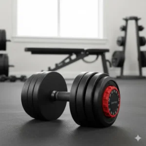 A pair of Bowflex SelectTech adjustable dumbbells, a popular PowerBlock alternative with an easy-to-use dial adjustment system.