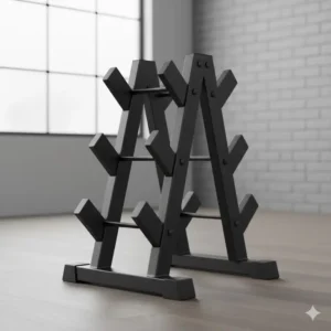 Close-up of the stable, compact storage design for the 150 lb dumbbell set with rack.