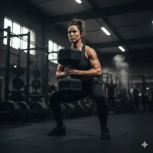 Demonstrating the proper form for a goblet squat while holding one 110lb dumbbells vertically against the chest.