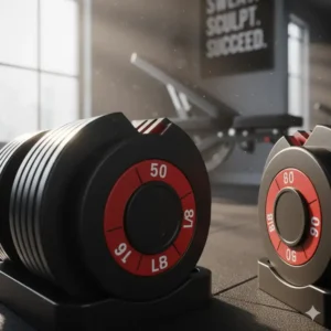 Close-up view of the weight increments on an adjustable dumbbells 50 100 set.
