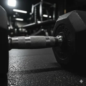 Close-up view of the knurled steel grip and handle on a 110 lbs dumbbells, emphasizing secure and comfortable grip.