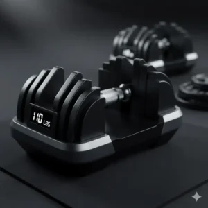 Close-up of a premium adjustable dumbbell system set to the 110 lb dumbbell weight increment.