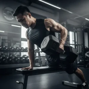 A muscular man performing a dumbbell row using a single 110 pound dumbbell with proper form to target his back muscles.