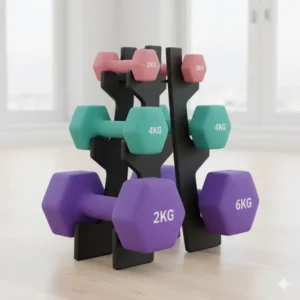 A convenient storage rack included with the neoprene dumbbell sets, showing how to keep the weights organized in a home gym.