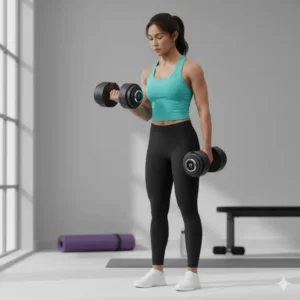 A user performing a bicep curl with the 75 lb adjustable dumbbells set to a medium weight.
