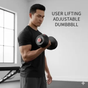 User performing a bicep curl with the ergonomic handle of the 90 lb adjustable dumbbell set.