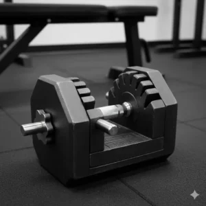 Close-up of an Ironmaster Quick-Lock adjustable dumbbell, known as a durable PowerBlock alternative for heavy lifting and expandability.