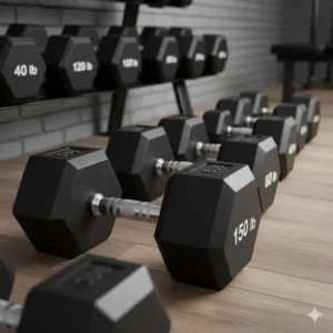 Showing the heavy-weight pairs included in the full 150 lb dumbbell set with rack collection.
