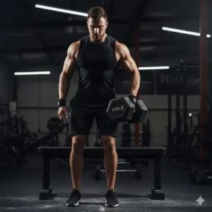 An athlete executing a bent-over dumbbell row with a single 110lb dumbbells to target back muscles.
