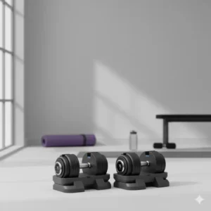 The pair of 75 lb adjustable dumbbells securely resting in their custom storage trays or stand.