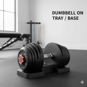 The 90 lb adjustable dumbbell set securely resting on its storage tray/base.