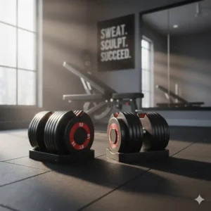 Compact storage trays holding the adjustable dumbbells 50 100 pair for a tidy home gym.