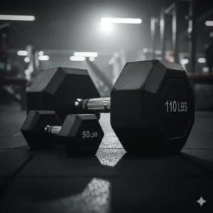 Size comparison showing a massive 110 lbs dumbbells next to a smaller 50 lb weight, highlighting the difference in size and weight.