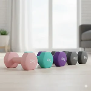 Different sizes and weights of the neoprene dumbbell sets displayed, highlighting the color-coded system for easy weight identification.