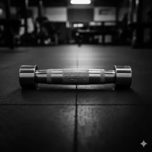 Side view of a single pepin dumbbell handles showing its full length and the durable, rust-resistant chrome finish.