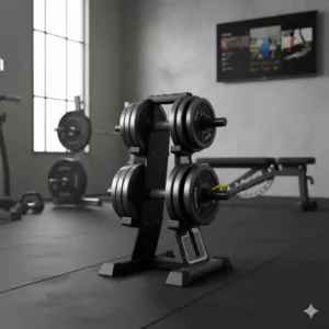 Angled view of the durable hammer strength powerblock adjustable dumbbell stand, showing the secure and ergonomically optimized tray design.