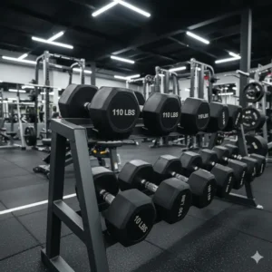 Heavy-duty steel weight rack holding a complete set of weights, highlighting the large pair of 110 lb dumbbells.