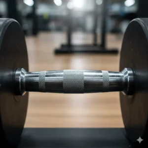 Detail of the secure, ergonomic grip and knurling on a dumbbell from the 150 lb dumbbell set with rack.